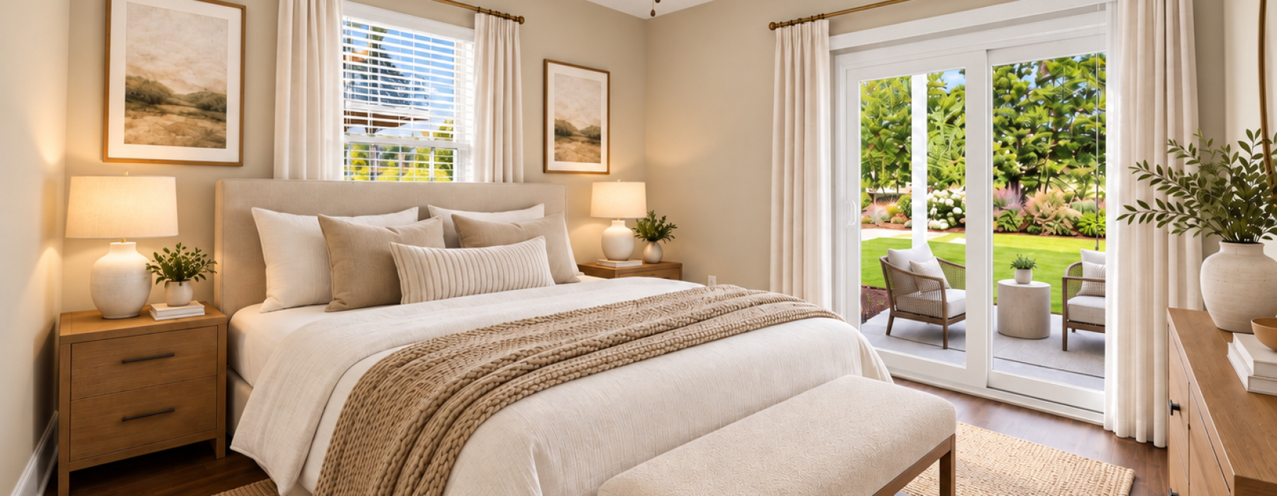 Well-lit bedroom at Moorland Reserve Apartments in Myrtle Beach, SC with ceiling fan, large windows, and sliding glass door opening to a private patio and manicured lawn.
